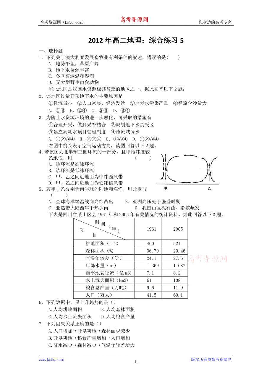 2012年高二地理：综合练习5.doc_第1页