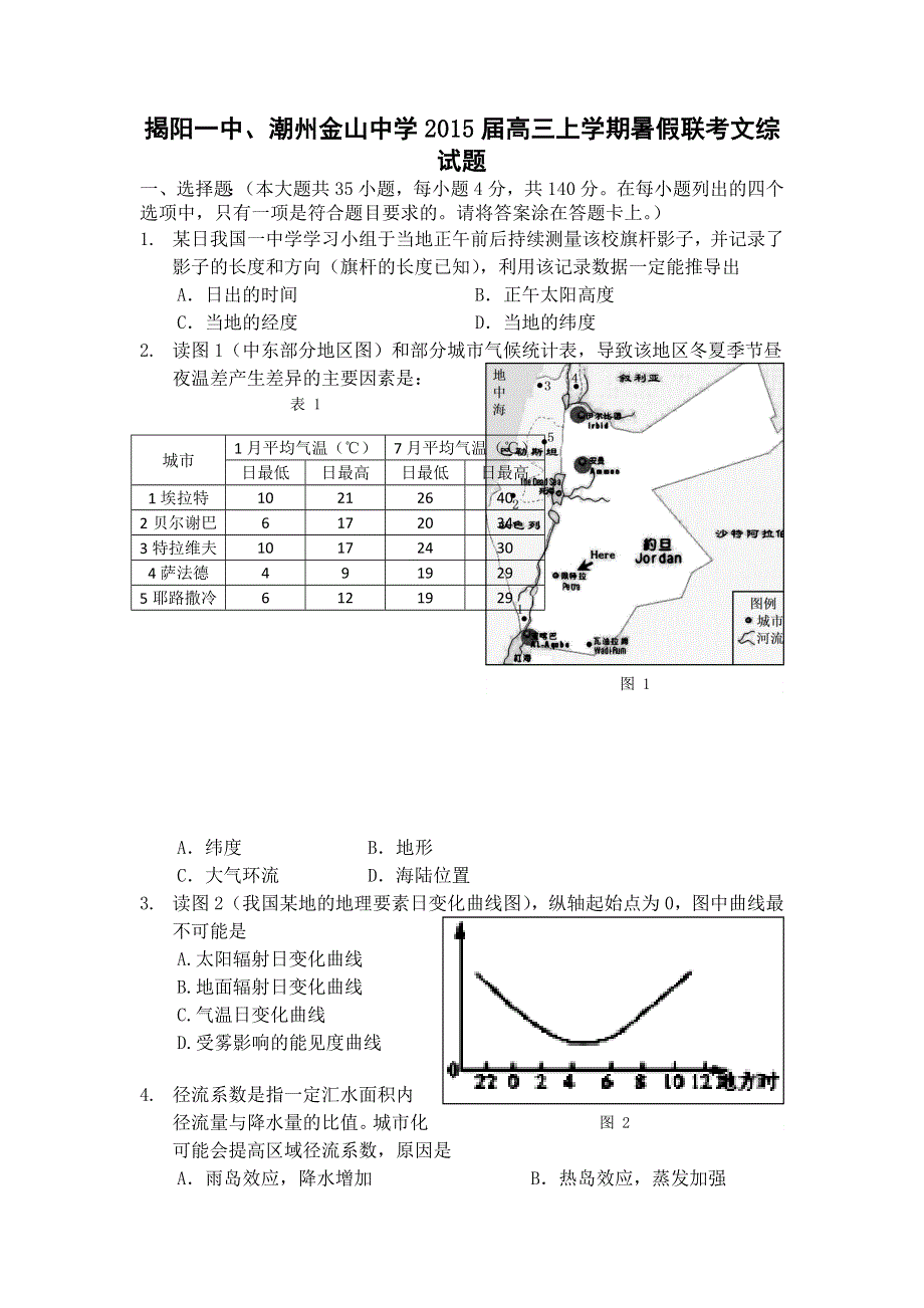 广东省揭阳一中、潮州金山中学2015届高三上学期暑假联考地理试题 WORD版含答案.doc_第1页