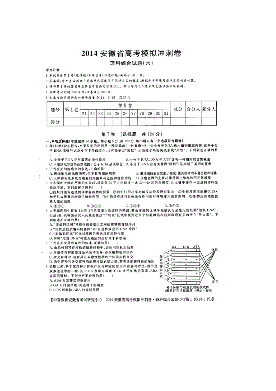 安徽省考试研究中心2014届高考模拟冲刺（六） 理综试题 扫描版含答案.doc_第1页