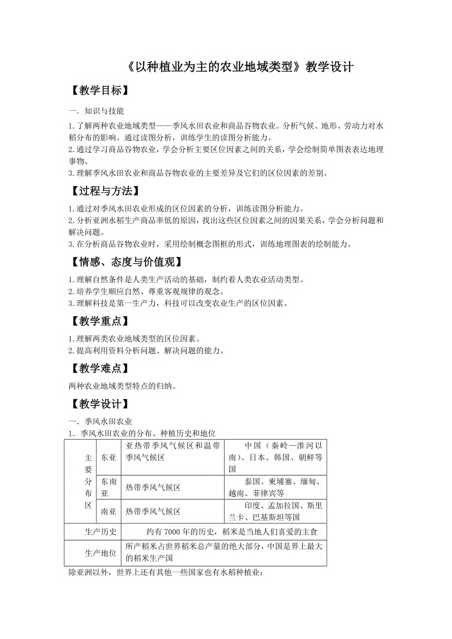 内蒙古准格尔旗世纪中学高中地理必修二：3-2以种植业为主的农业地域类型 教学设计2 .doc_第1页