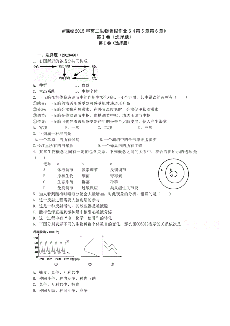 《原创》新课标2015年高二生物暑假作业6《必修三综合》 .doc_第1页
