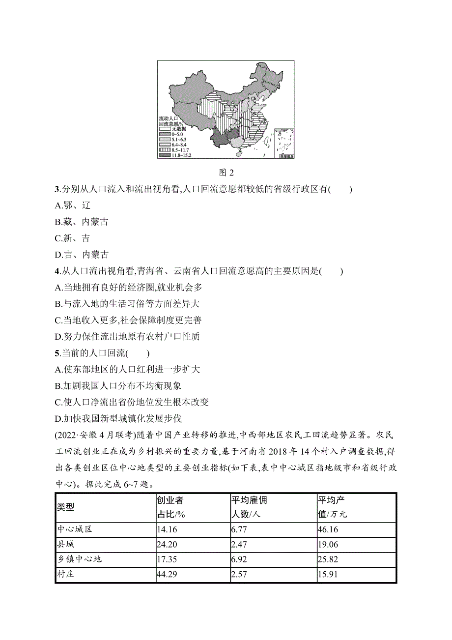 2023届高考二轮总复习试题 地理（适用于老高考新教材） 热考情境练热考8　人口回流.docx_第2页