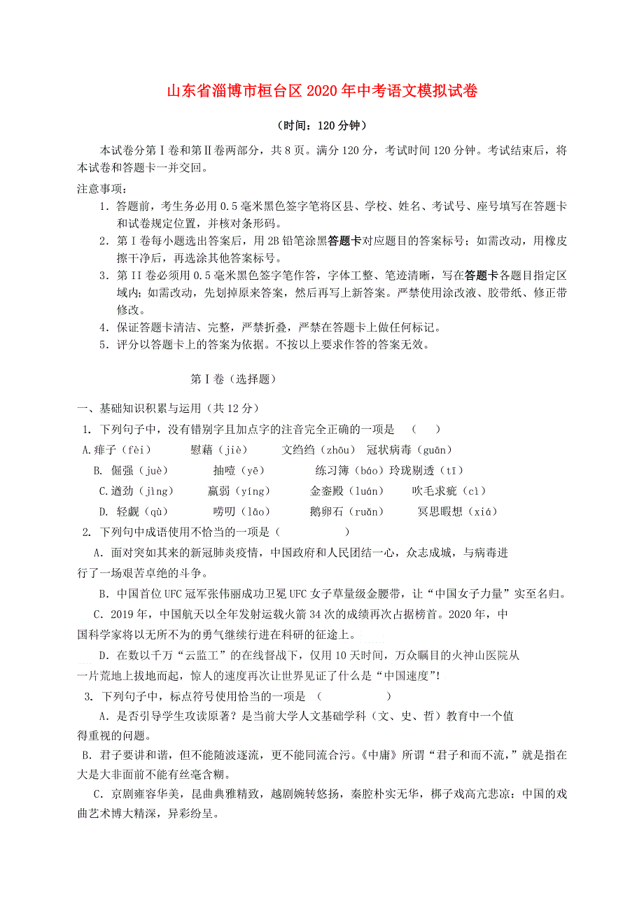 山东省淄博市桓台区2020年中考语文模拟试卷.docx_第1页