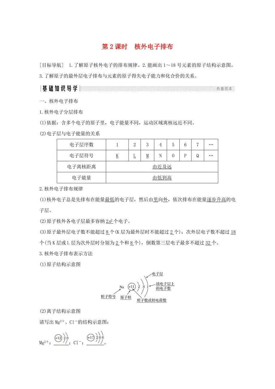 2020高中化学 第1章 原子结构与元素周期律 第1节 第2课时 核外电子排布讲义 素养练（含解析）鲁科版必修2.doc_第1页