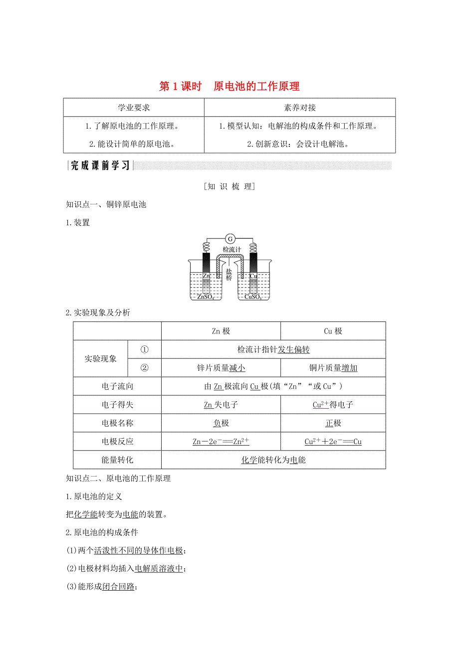 2020高中化学 第1章 化学反应与能量转化 第3节 第1课时 原电池的工作原理讲义 素养练（含解析）鲁科版选修4.doc_第1页