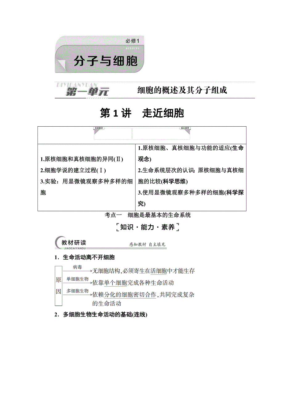 2022届高考统考生物人教版一轮复习教师用书：必修1 第1单元 第1讲　走近细胞 WORD版含解析.DOC_第1页