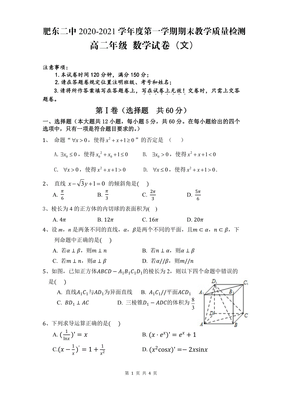 安徽省肥东县第二中学2020-2021学年高二上学期期末考试数学（文）试题 PDF版含答案.pdf_第1页