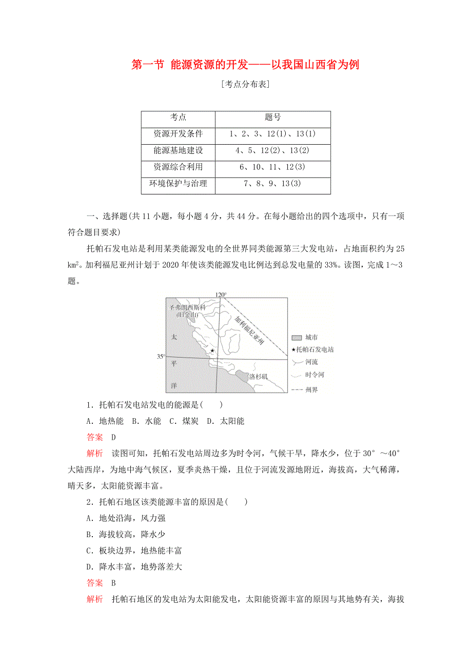 2020高中地理 第三章 区域自然资源综合开发利用 第一节 能源资源的开发——以我国山西省为例学业质量测评B卷（含解析）新人教版必修3.doc_第1页