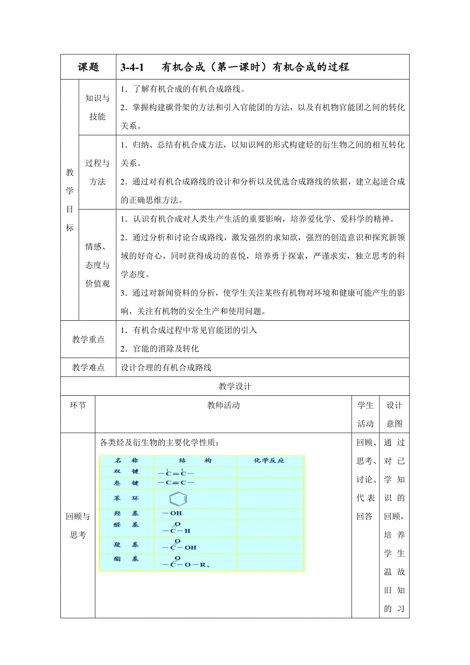 北京市2016-2017学年高二化学上册 3.4.1 有机合成的过程（教学设计） WORD版.doc_第1页