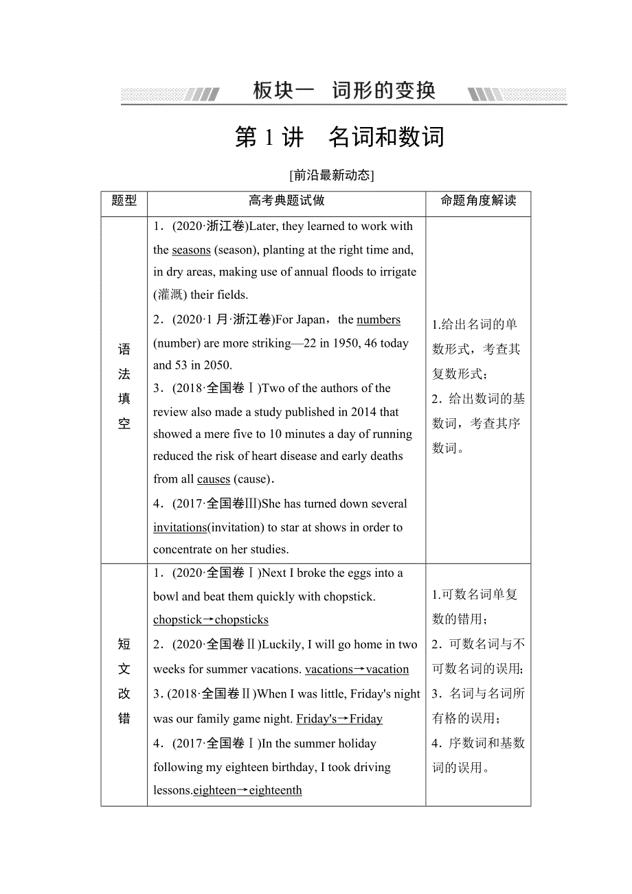 2022届高考统考英语北师大版一轮复习教师用书：板块1 第1讲 名词和数词 WORD版含解析.doc_第1页