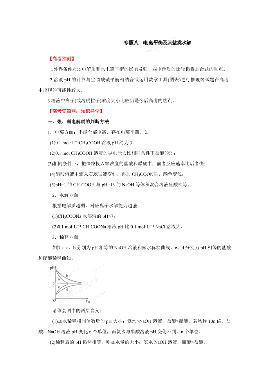 2012年高考化学备考冲刺之易错点点睛：专题八 电离平衡及其盐类水解（学生版）.doc_第1页