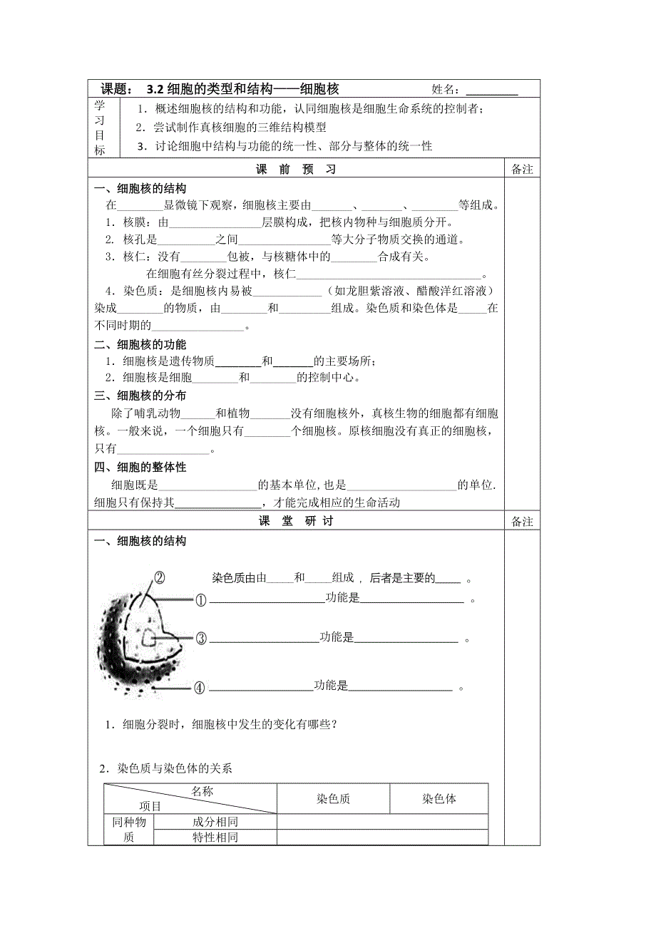 《原创》江苏省2013—2014学年生物（苏教版）必修一同步导学案：3.2细胞的结构和功能（3）细胞核.doc_第1页