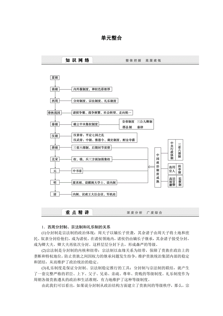 2014-2015学年高中历史学案：第一单元 中国古代的中央集权制度 单元整合学案（岳麓版必修1）.doc_第1页