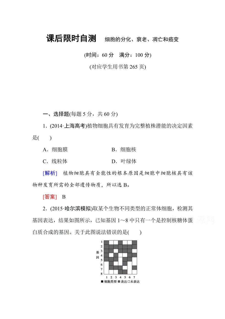 2016新课标高考总复习高三生物一轮复习：课后限时自测 必修三 第6章 细胞的生命历程 细胞的分化、衰老、凋亡和癌变.doc_第1页