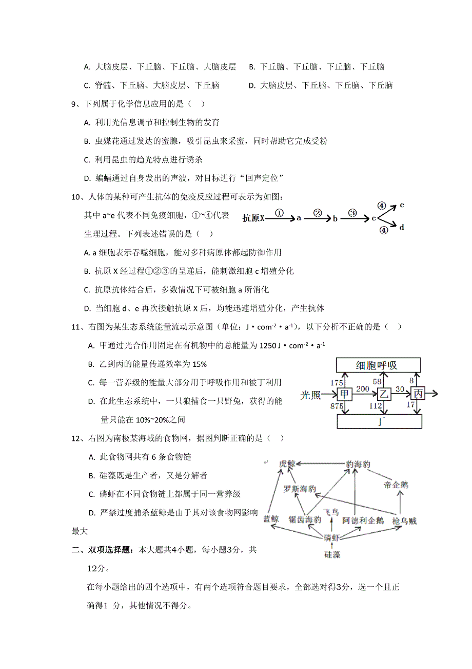 广东省汕头市达濠中学2011-2012学年高二上学期期末考试生物（理）试题.doc_第2页