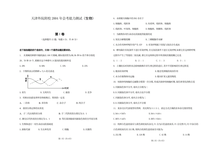天津外院附校2004年会考能力测试（生物）.doc_第1页