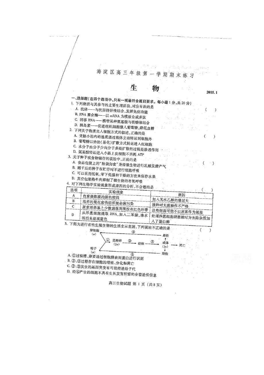 北京市海淀区2015届高三上学期期末练习生物试题 扫描版含答案.doc_第1页