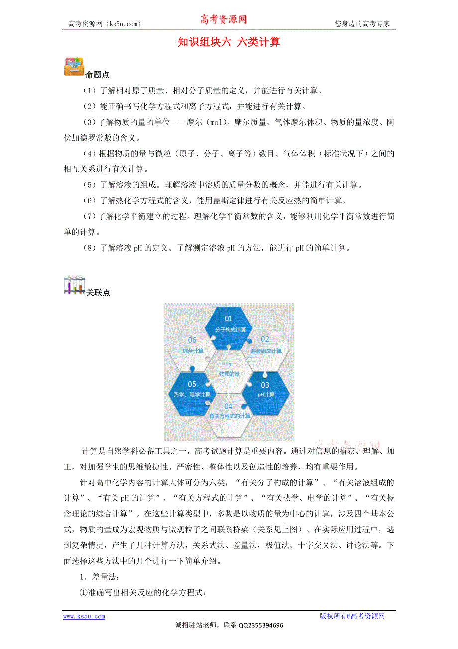 江苏省2017届高考化学创新复习（适合二轮三轮复习）知识组块六 六类计算 WORD版.doc_第1页