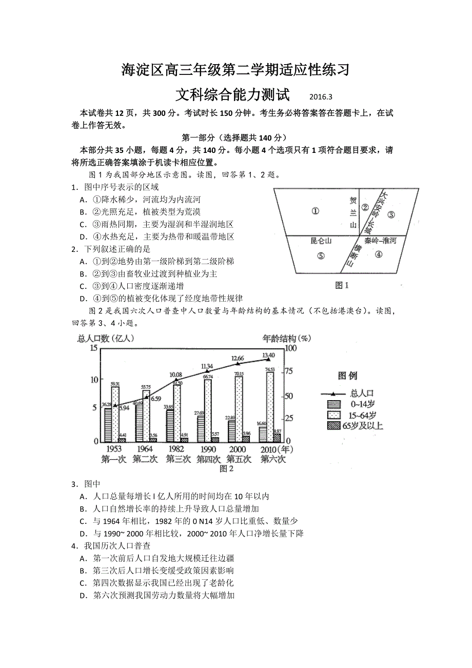 北京市海淀区2016届高三3月适应性训练（零模）文综地理试题 WORD版含答案.doc_第1页