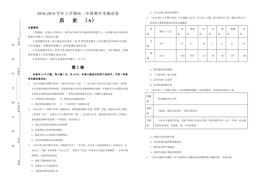 吉林省吉林市普通高中2018-2019学年上学期高二年级期中考测试卷 历史 WORD版含答案.doc_第1页