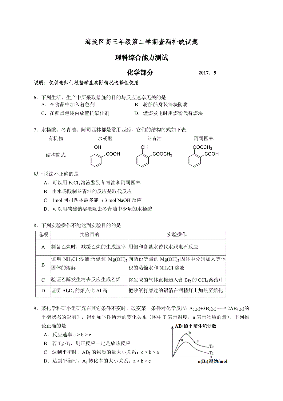 北京市海淀区2017届高三查漏补缺化学试题 WORD版含答案.doc_第1页