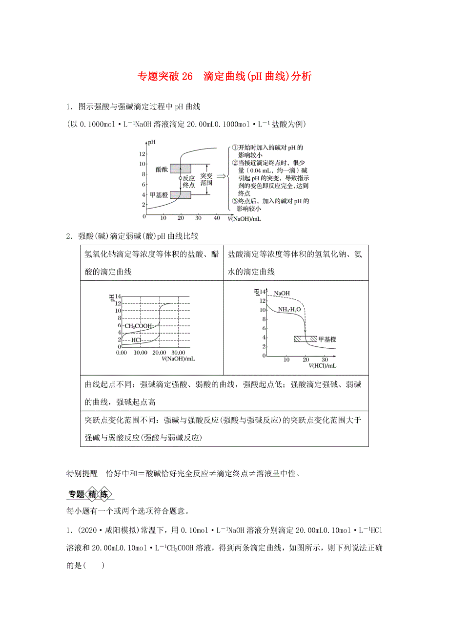 2021高考化学一轮复习 第8章 物质在水溶液中的行为 专题突破26 滴定曲线（pH曲线）分析精练（含解析）.docx_第1页