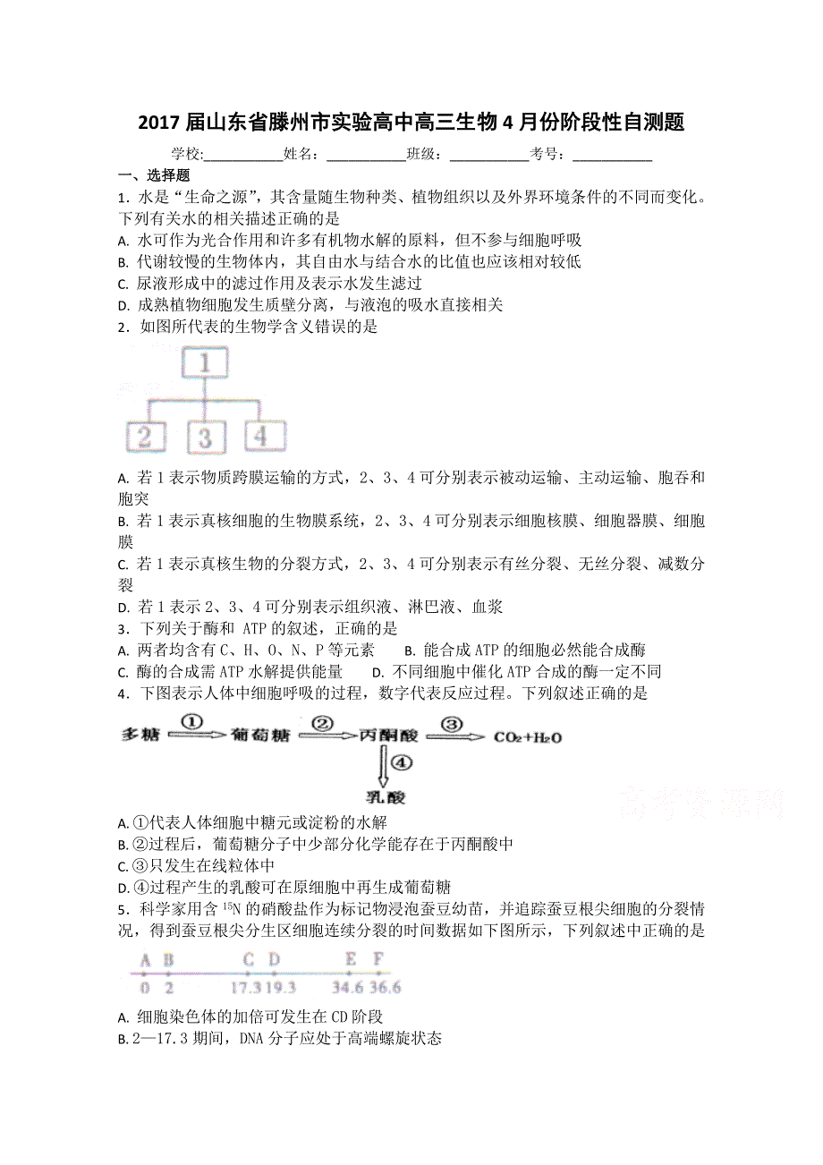 山东省滕州市实验高中2017届高三生物4月份阶段性自测题 WORD版含答案.doc_第1页