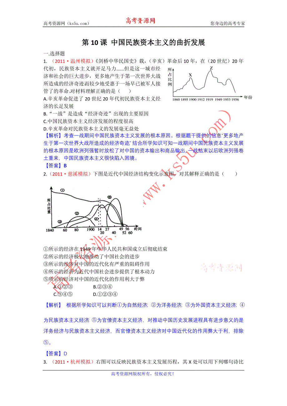 2012高一历史每课一练 3.2 中国民族资本主义的曲折发展 11（人教版必修2）.doc_第1页