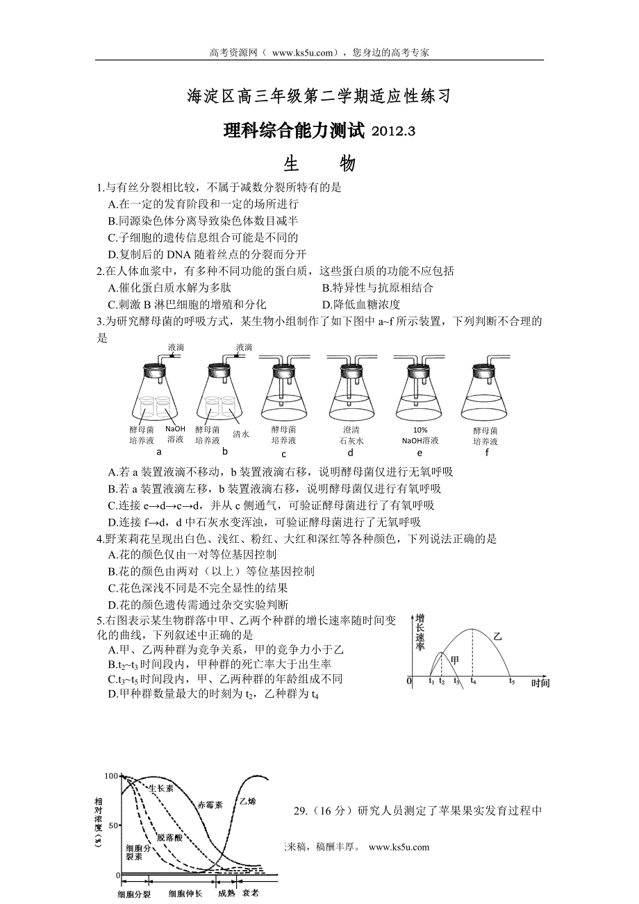 北京市海淀区2012届高三适应性练习 理综生物试题（2012海淀零模）.doc_第1页