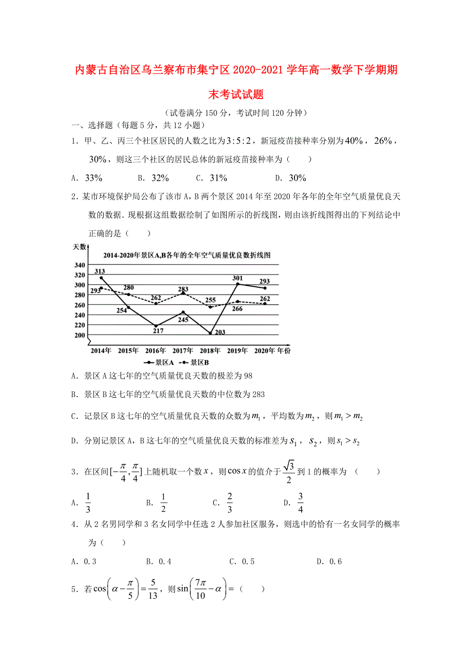 内蒙古自治区乌兰察布市集宁区2020-2021学年高一数学下学期期末考试试题.doc_第1页