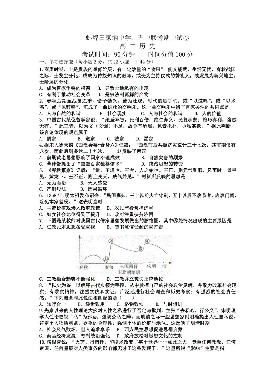 安徽省蚌埠田家炳中学、五中2019-2020学年高二上学期期中考试历史试题 WORD版含答案.doc_第1页