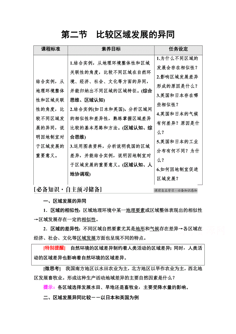 新教材2021-2022学年高中鲁教版地理选择性必修2学案：第1单元 第2节　比较区域发展的异同 WORD版含解析.doc_第1页