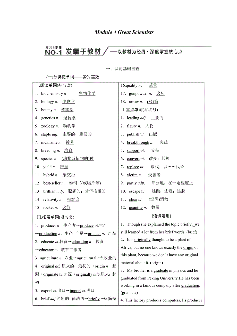 2020高考英语新增分方案大一轮复习外研新课改省份专用讲义：必修四 MODULE 4 GREAT SCIENTISTS WORD版含答案.doc_第1页