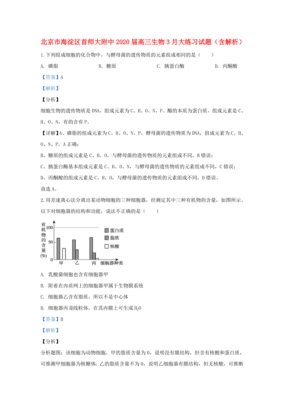 北京市海淀区首师大附中2020届高三生物3月大练习试题（含解析）.doc_第1页