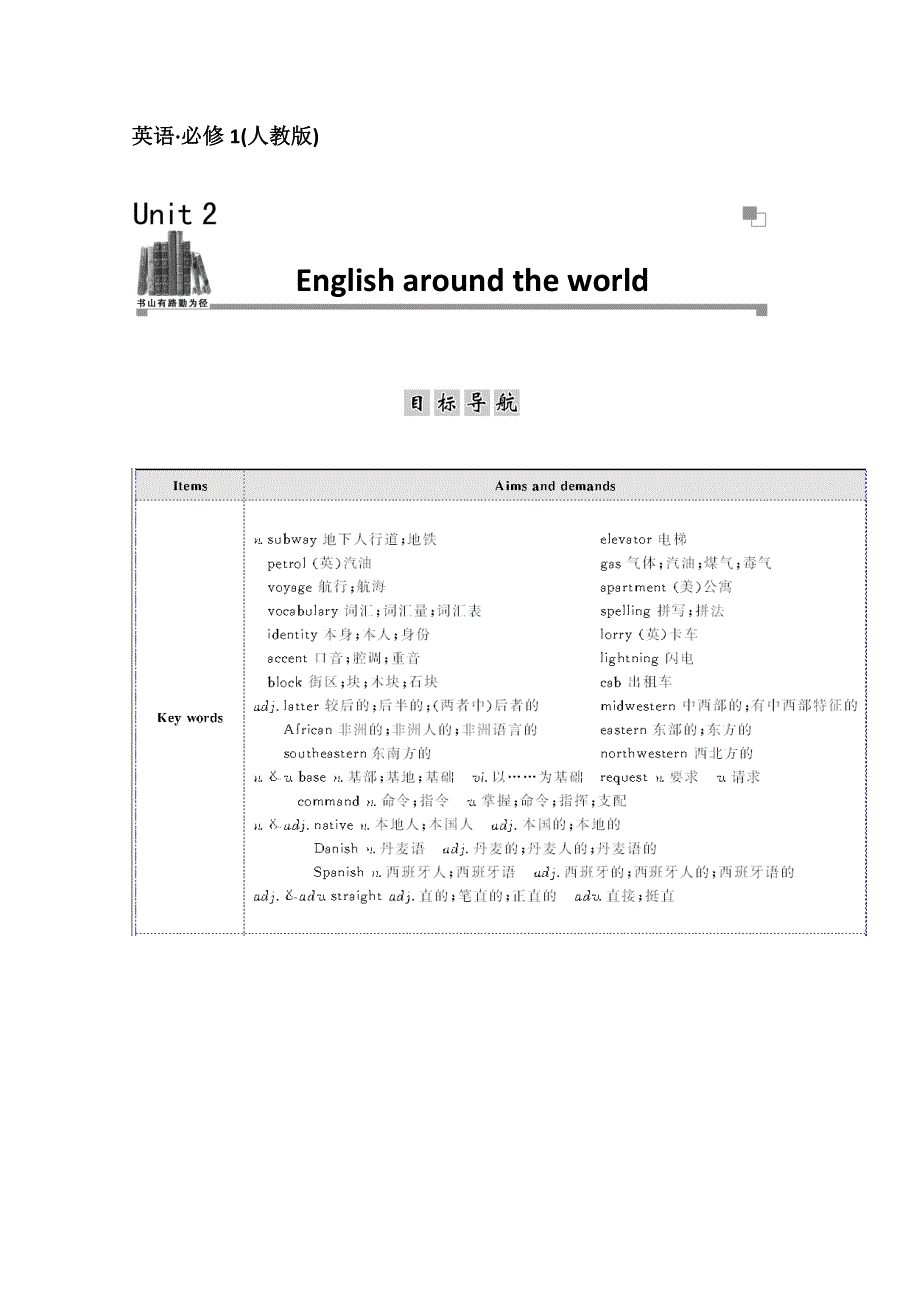 2014-2015年高中英语（人教版&必修一）单元目标导航：UNIT2.doc_第1页