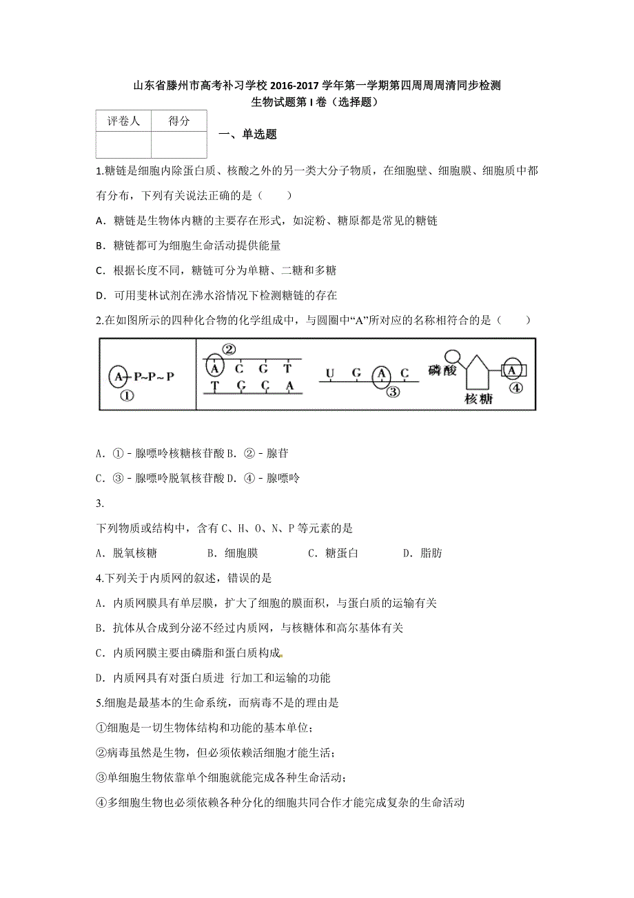 山东省滕州市高考补习学校2017届高三上学期第四周周周清同步检测生物试题 WORD版含答案.doc_第1页