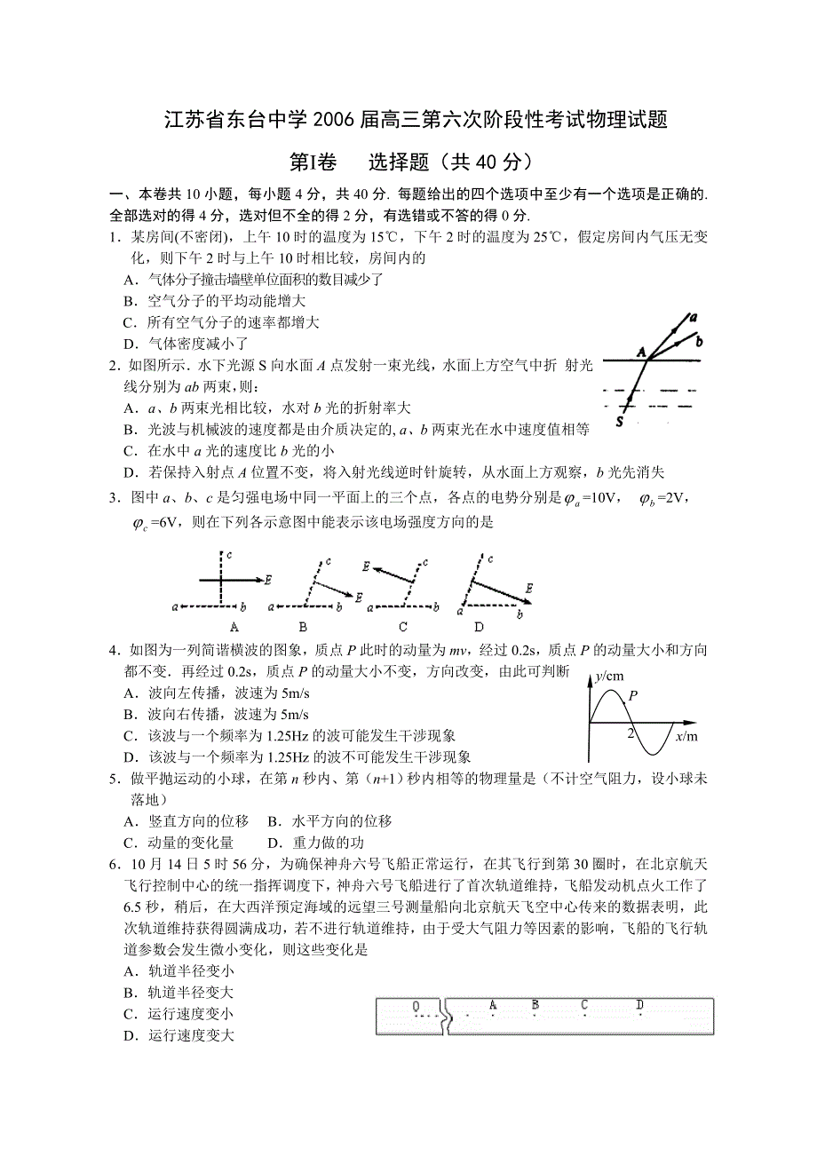 江苏省东台中学2006届高三第六次阶段性考试物理试题.doc_第1页