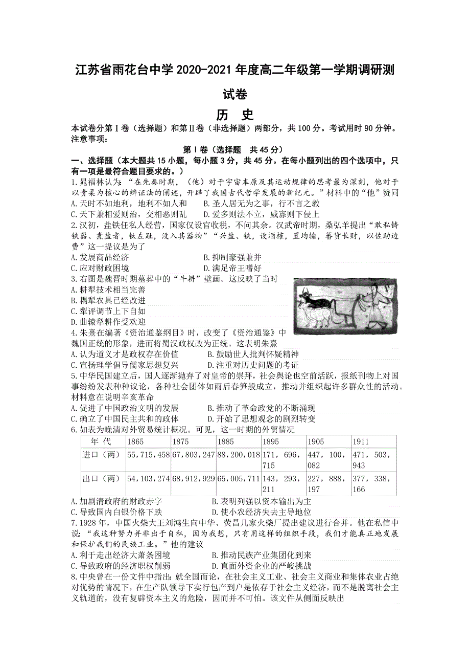 江苏省雨花台中学2020-2021年高二年级第一学期调研测试卷历史试题 WORD版含答案.docx_第1页