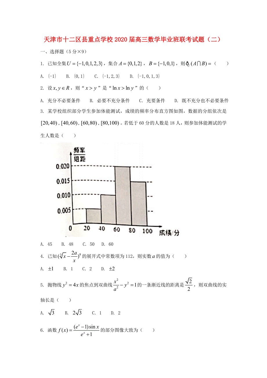 天津市十二区县重点学校2020届高三数学毕业班联考试题（二）.doc_第1页