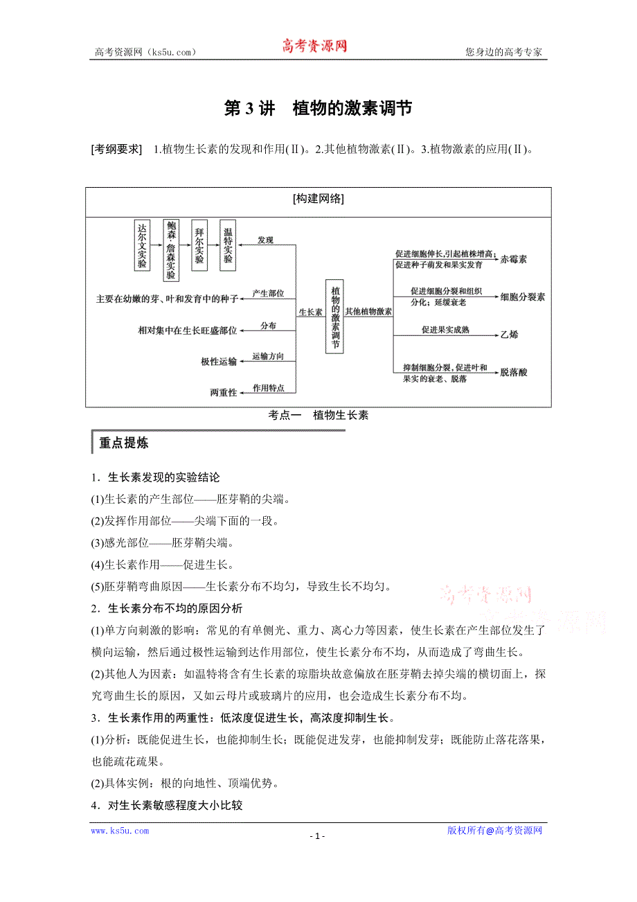 《步步高》2015届高考生物（全国通用）二轮专题突破配套练习：专题五 生命活动的调节 第3讲.docx_第1页