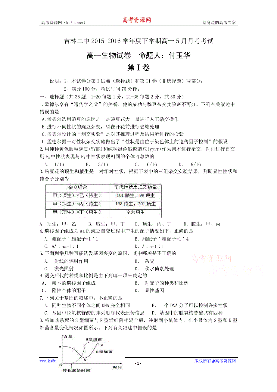 吉林省吉林市第二中学2015-2016学年高一5月月考生物试题 WORD版含答案.doc_第1页