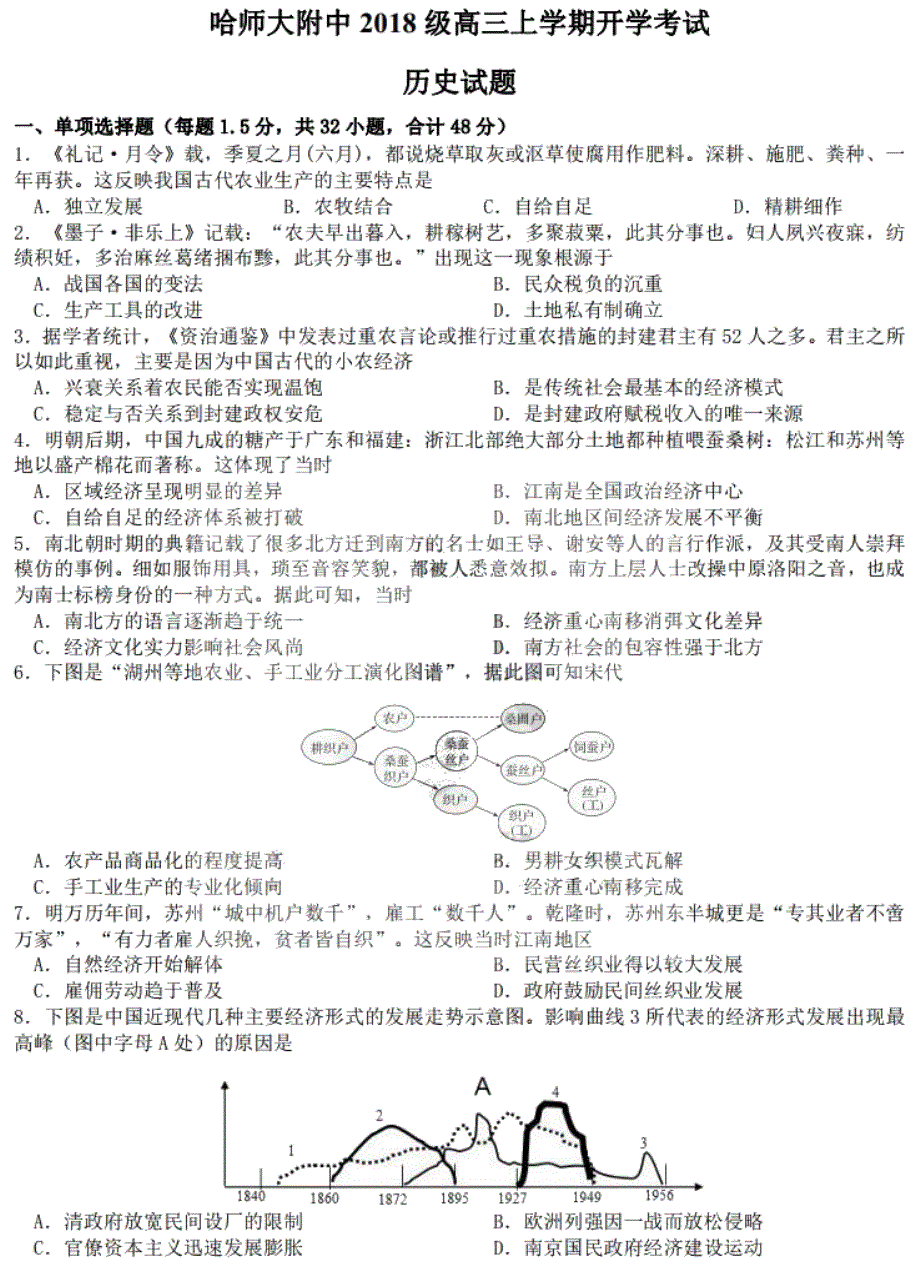 黑龙江省哈师大附中2021届高三上学期开学考试历史试卷 PDF版含答案.pdf_第1页