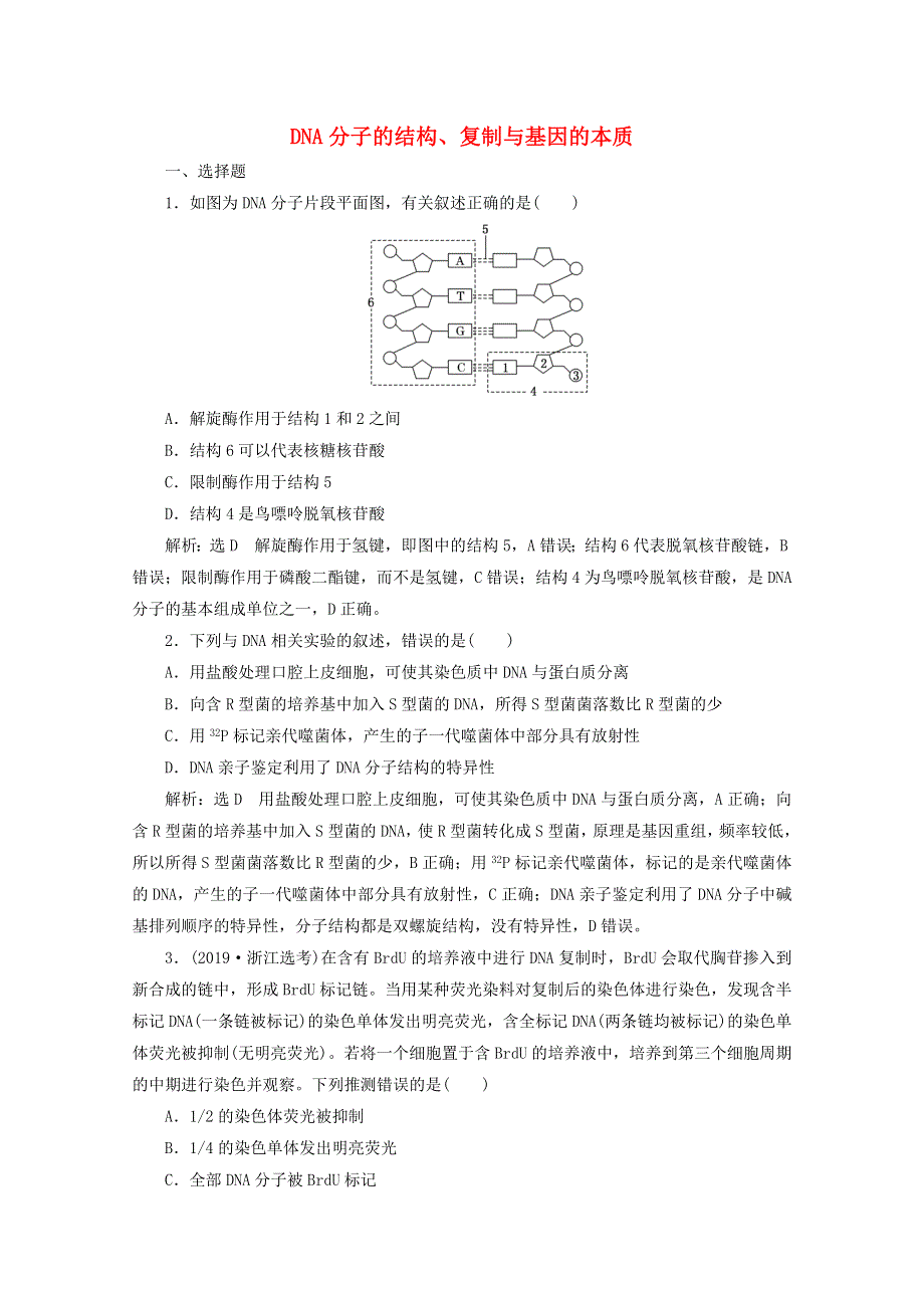 2022年高考生物一轮复习 课时检测（二十一）DNA分子的结构、复制与基因的本质（含解析）新人教版.doc_第1页