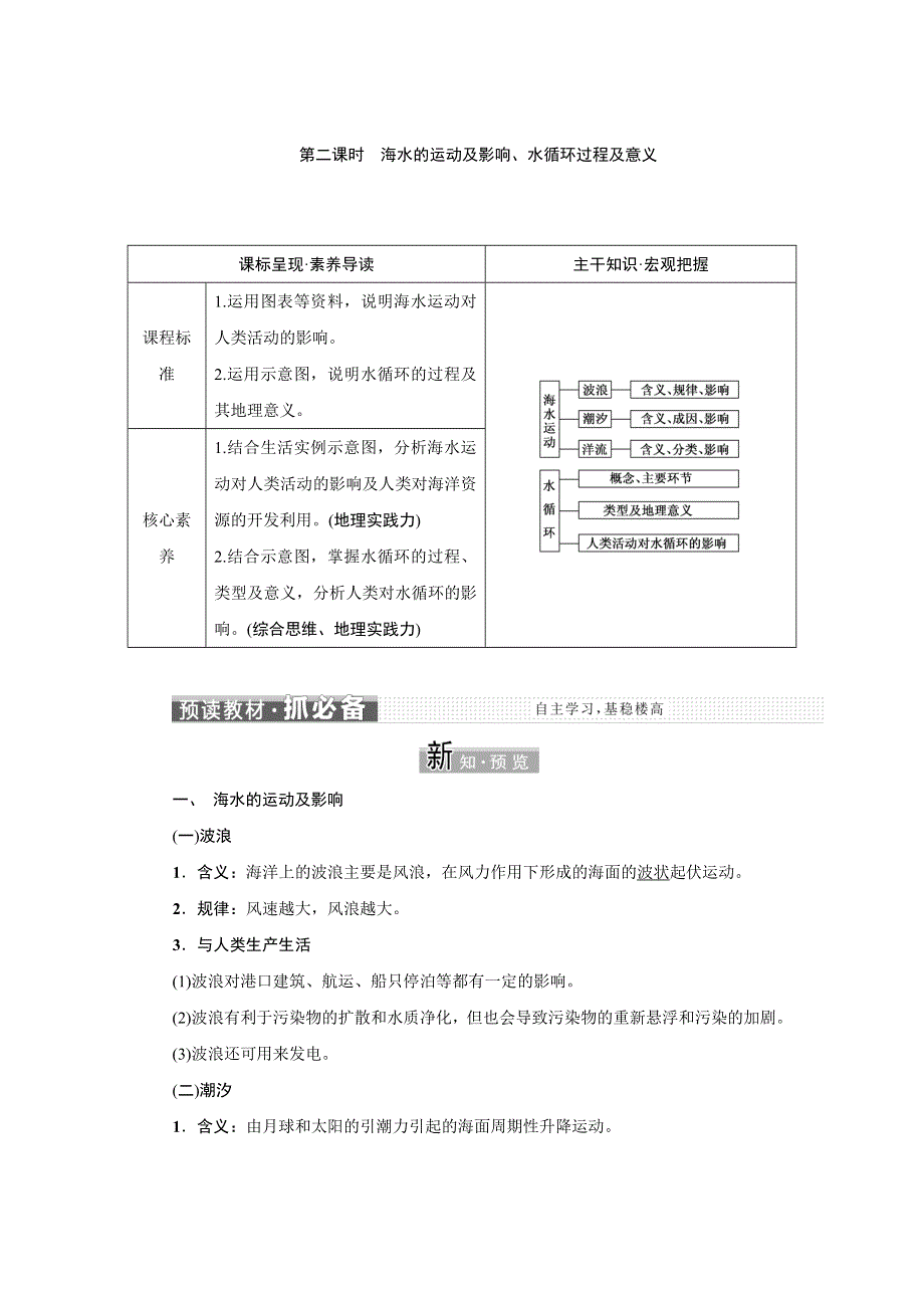 新教材2021-2022学年高中鲁教版地理必修第一册学案：2-2 第二课时　海水的运动及影响、水循环过程及意义 WORD版含解析.doc_第1页