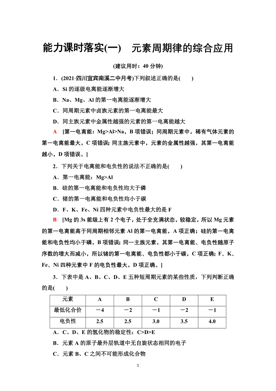 新教材2021-2022学年鲁科版化学选择性必修2能力练习：第1章 元素周期律的综合应用 WORD版含答案.doc_第1页