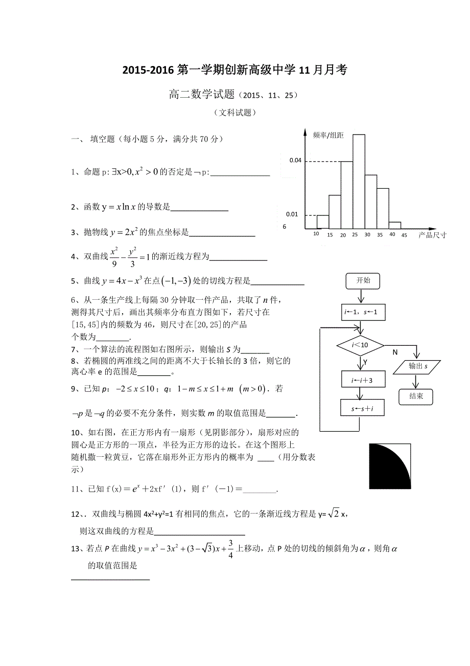 江苏省东台市创新学校2015-2016学年高二上学期11月月考数学（文）试题 WORD版无答案.doc_第1页