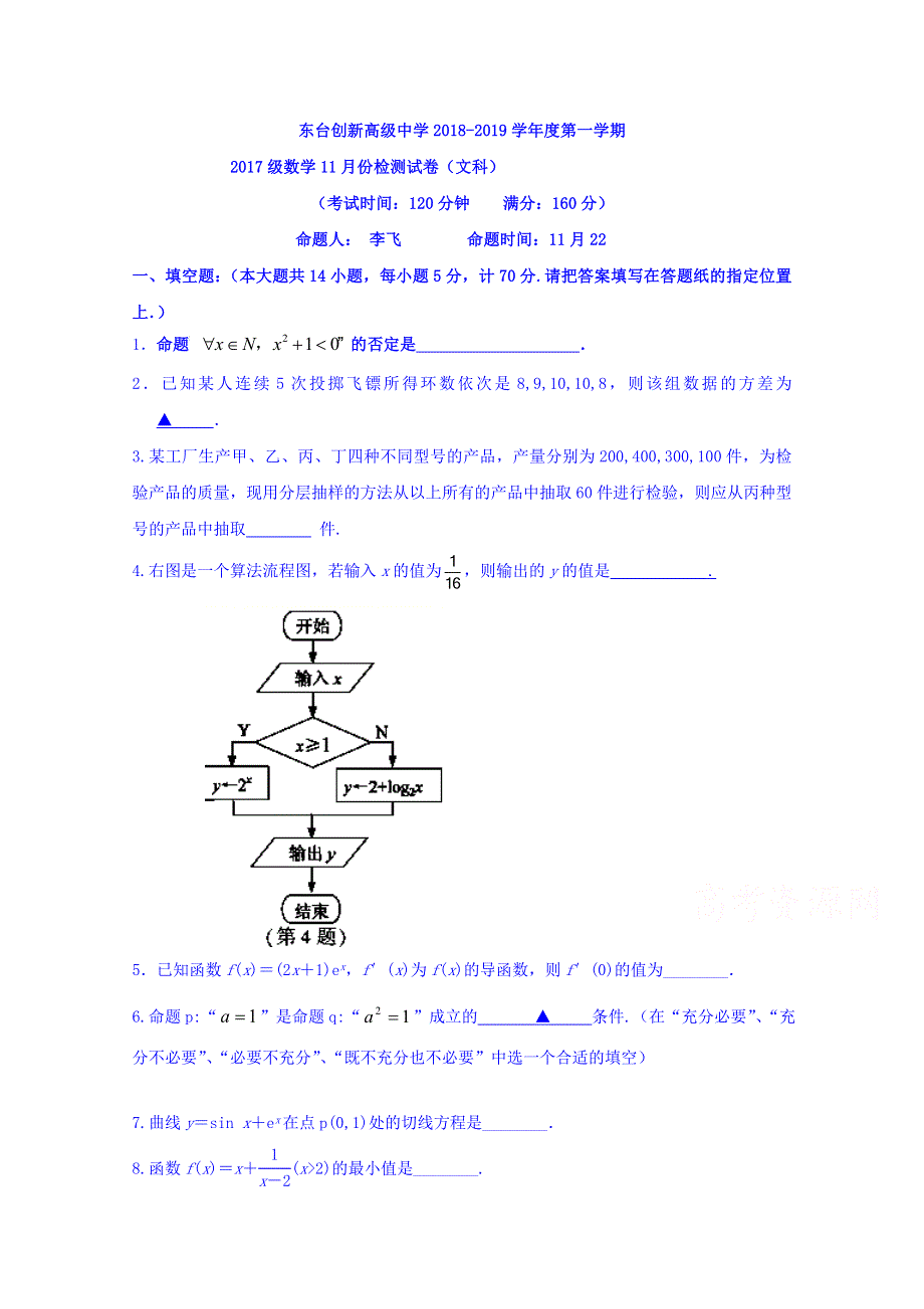 江苏省东台市创新学校2018-2019学年高二11月月考数学（文）试题 WORD版含答案.doc_第1页