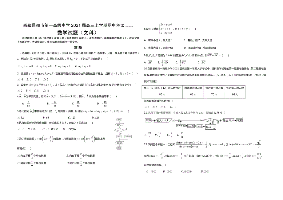 西藏昌都市第一高级中学2021届高三上学期期中考试数学（文）试题 PDF版缺答案.pdf_第1页