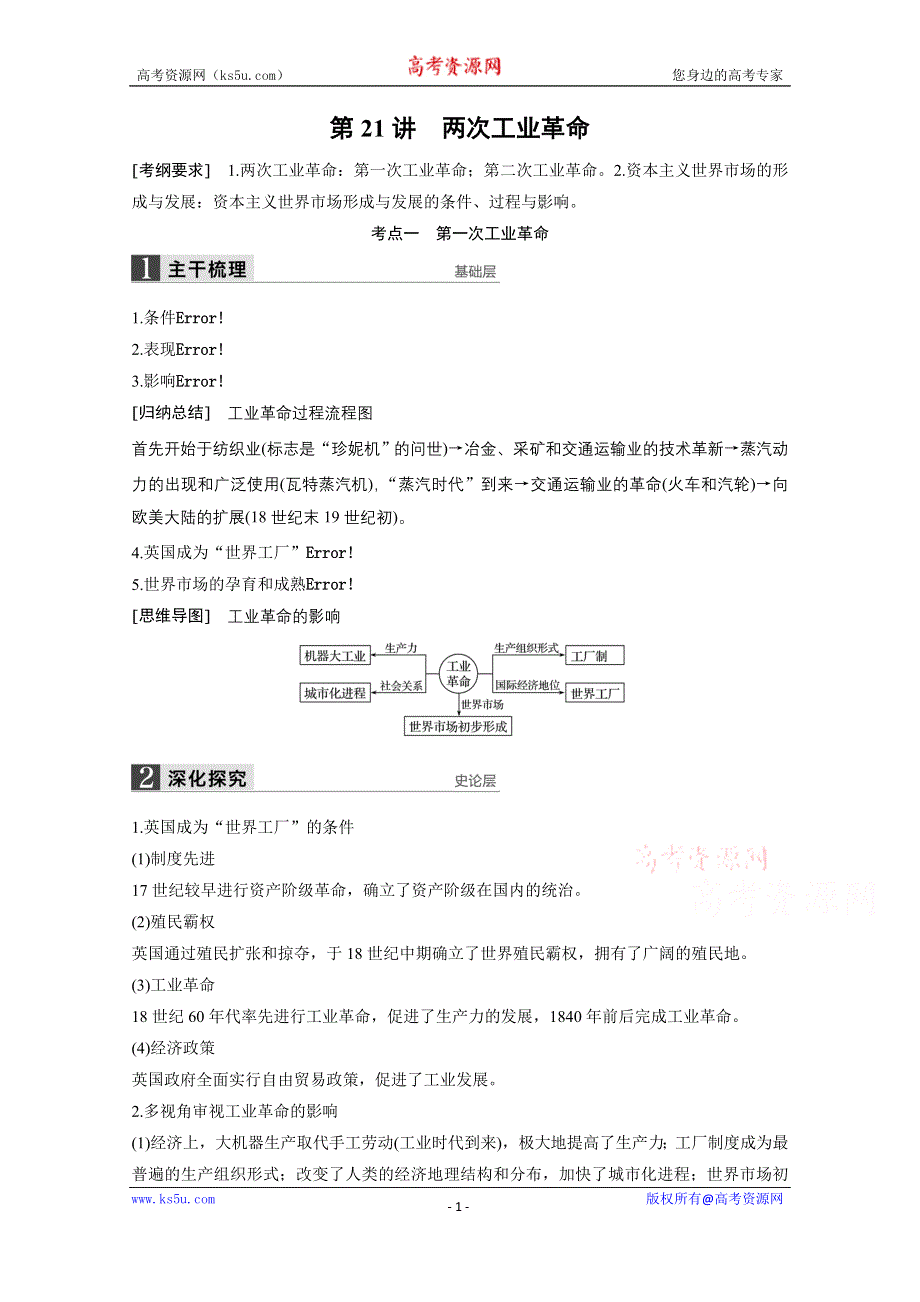 2016版《新步步高》高中历史二轮专题复习（江苏专用·人民版）：专题九 第21讲 走向直接的资本主义市场 教案.doc_第1页