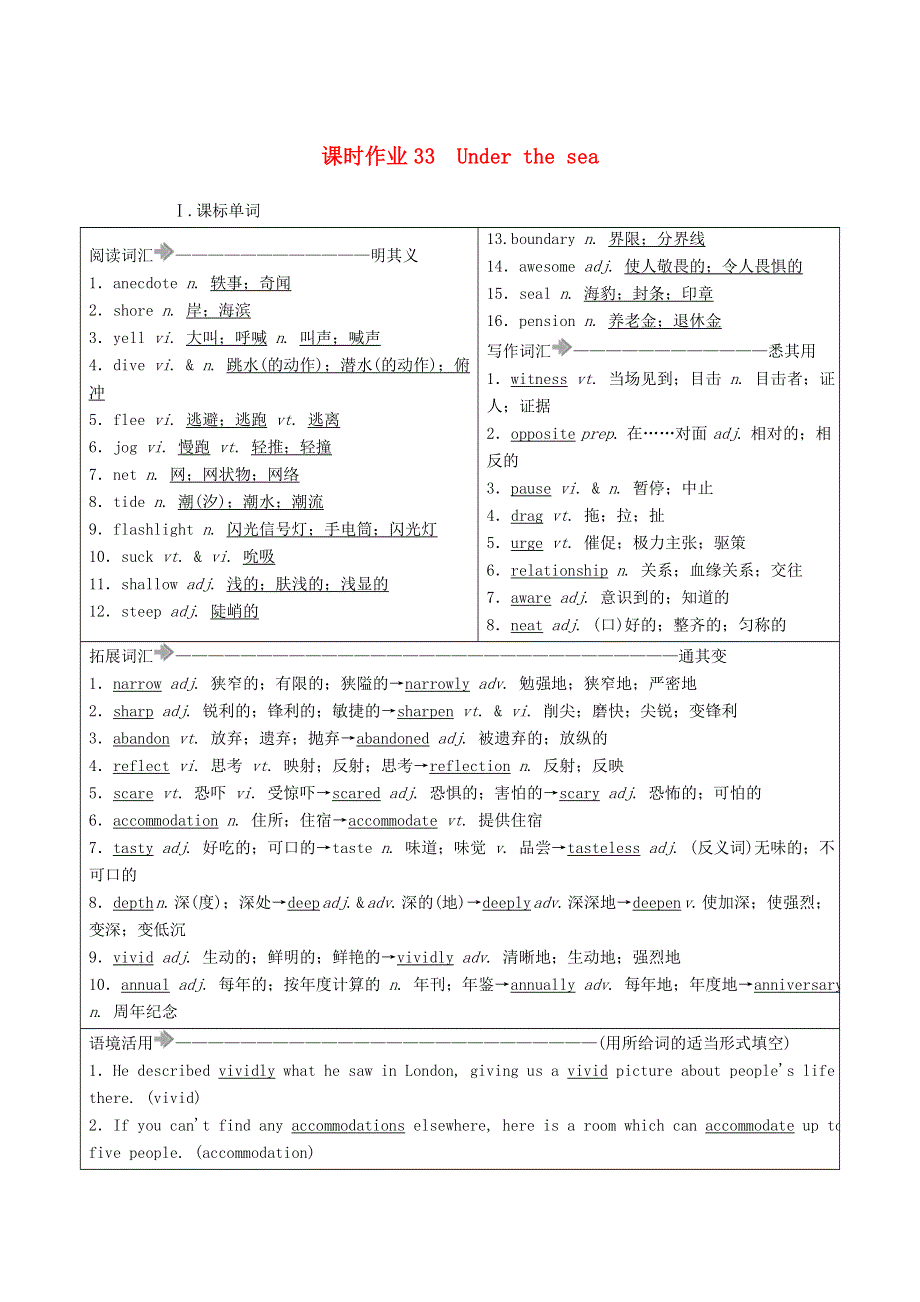 2021年高考英语调研大一轮复习 课时作业33 Unit 3 Under the sea（A卷）新人教版.doc_第1页